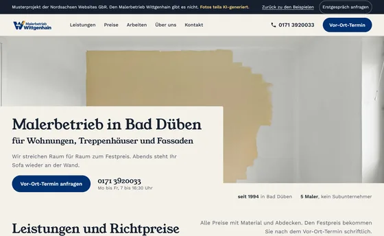 Rechneransicht der Musterseite Malerbetrieb Wittgenhain
