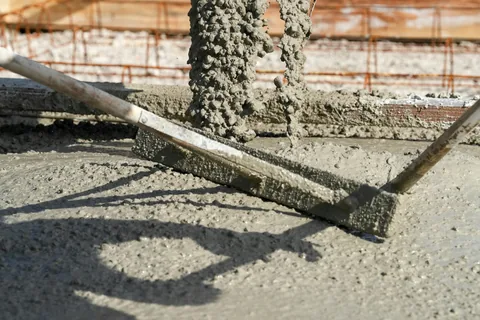 Frischer Beton fließt auf die Bewehrung und wird mit einer Latte abgezogen.