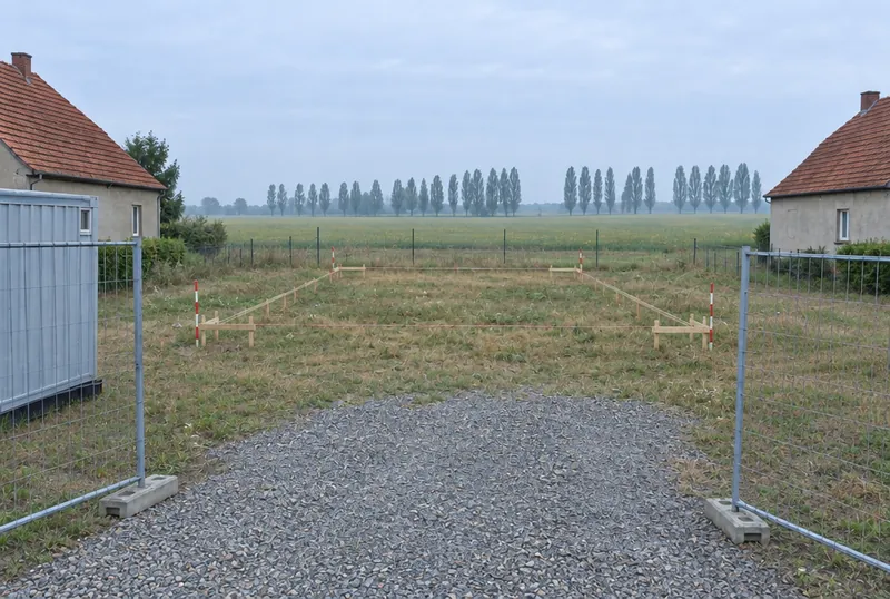 Woche 1: Wiese mit Schnurgerüst, Container und Bauzaun.