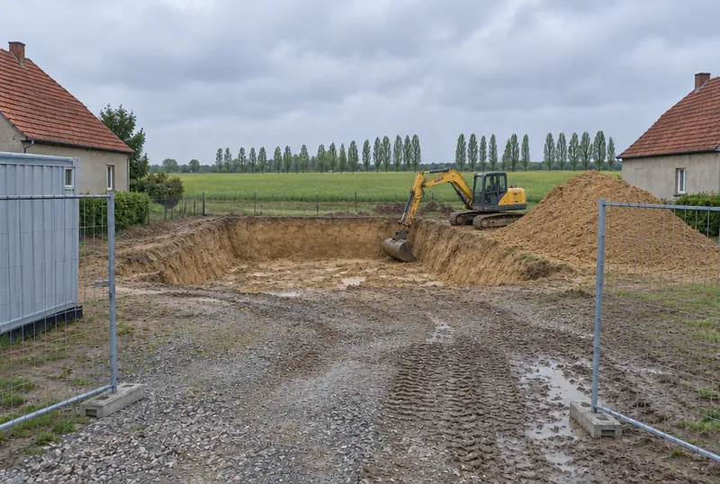 Woche 2: ausgehobene Baugrube, rechts Sandhaufen und Bagger.