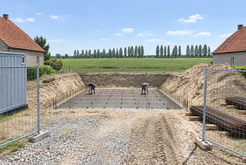 Woche 3: In der Grube liegt der Stahl für die Bodenplatte.