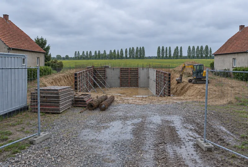 Woche 5: Kellerwände aus Beton, teils noch in der Schalung.