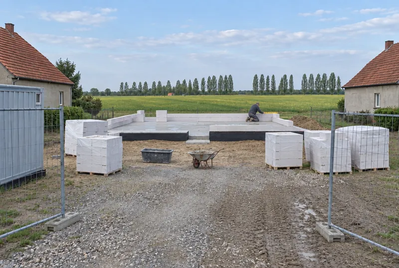Woche 7: Auf der Kellerdecke liegt die erste Steinlage, Steinpaletten auf dem Hof.