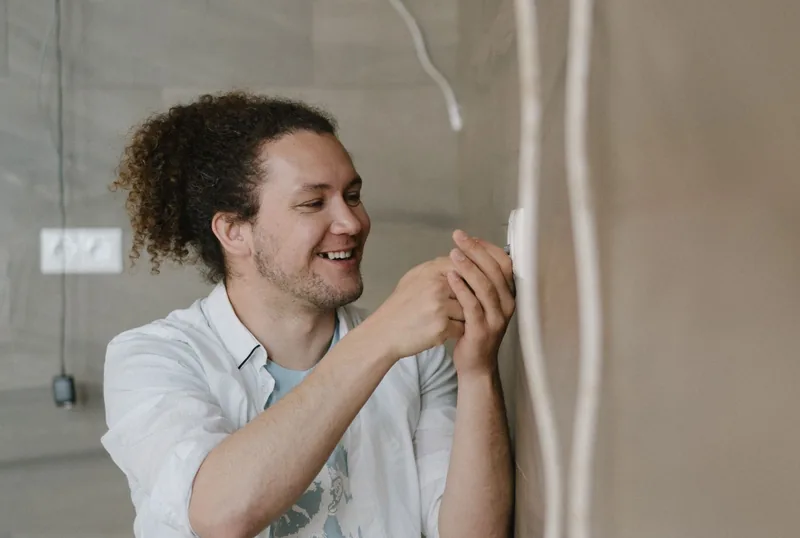 Ein Elektriker schraubt lächelnd einen Schalter an die Wand, daneben hängen neue Leitungen.
