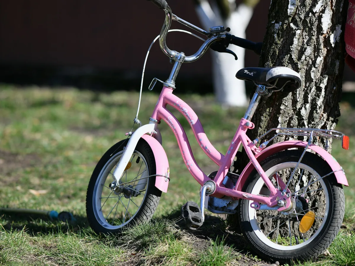 Ein rosa Kinderrad lehnt im Gras an einem Baum.