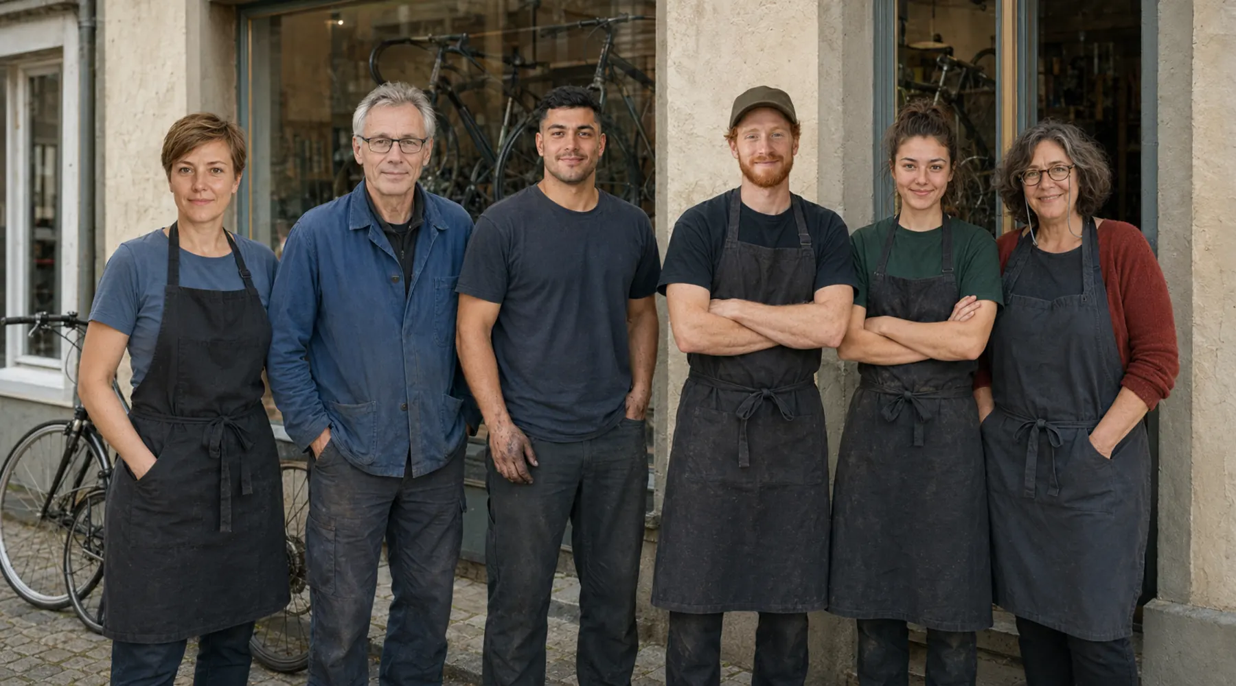 Sechs Menschen in Arbeitsschürzen stehen vor dem Laden und sehen in die Kamera.