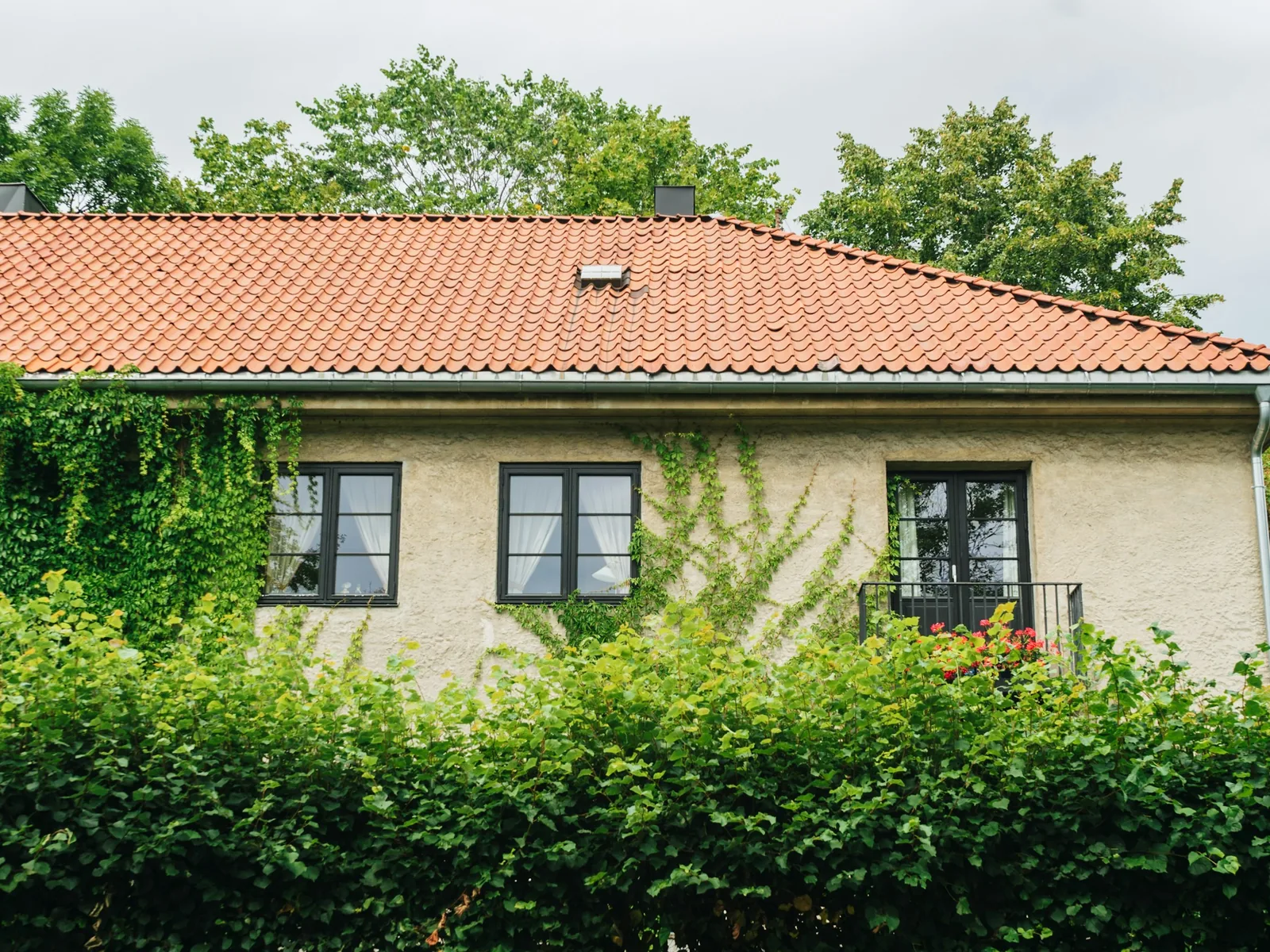 Verputztes Einfamilienhaus mit Walmdach aus roten Ziegeln hinter einer Hecke
